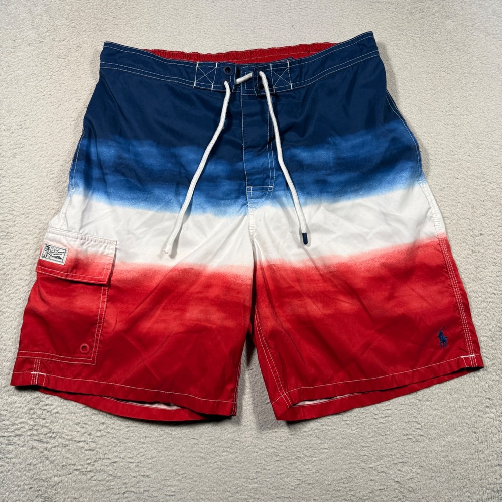 Polo Ralph Lauren Swim Trunks Mens XL Blue White Red Ombre Cargo Board Shorts